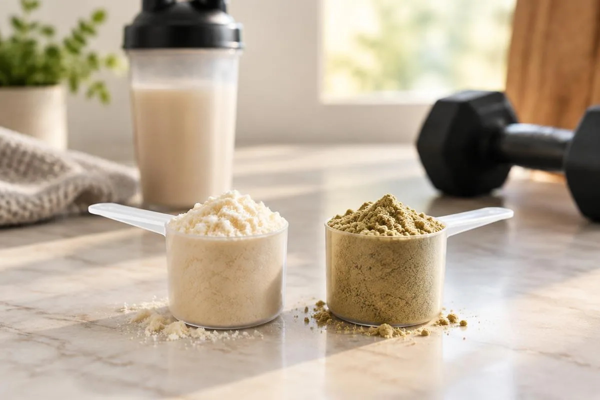 Whey Protein vs. veganes Protein: zwei Messlöffel mit Molkenprotein und pflanzlichem Proteinpulver nebeneinander